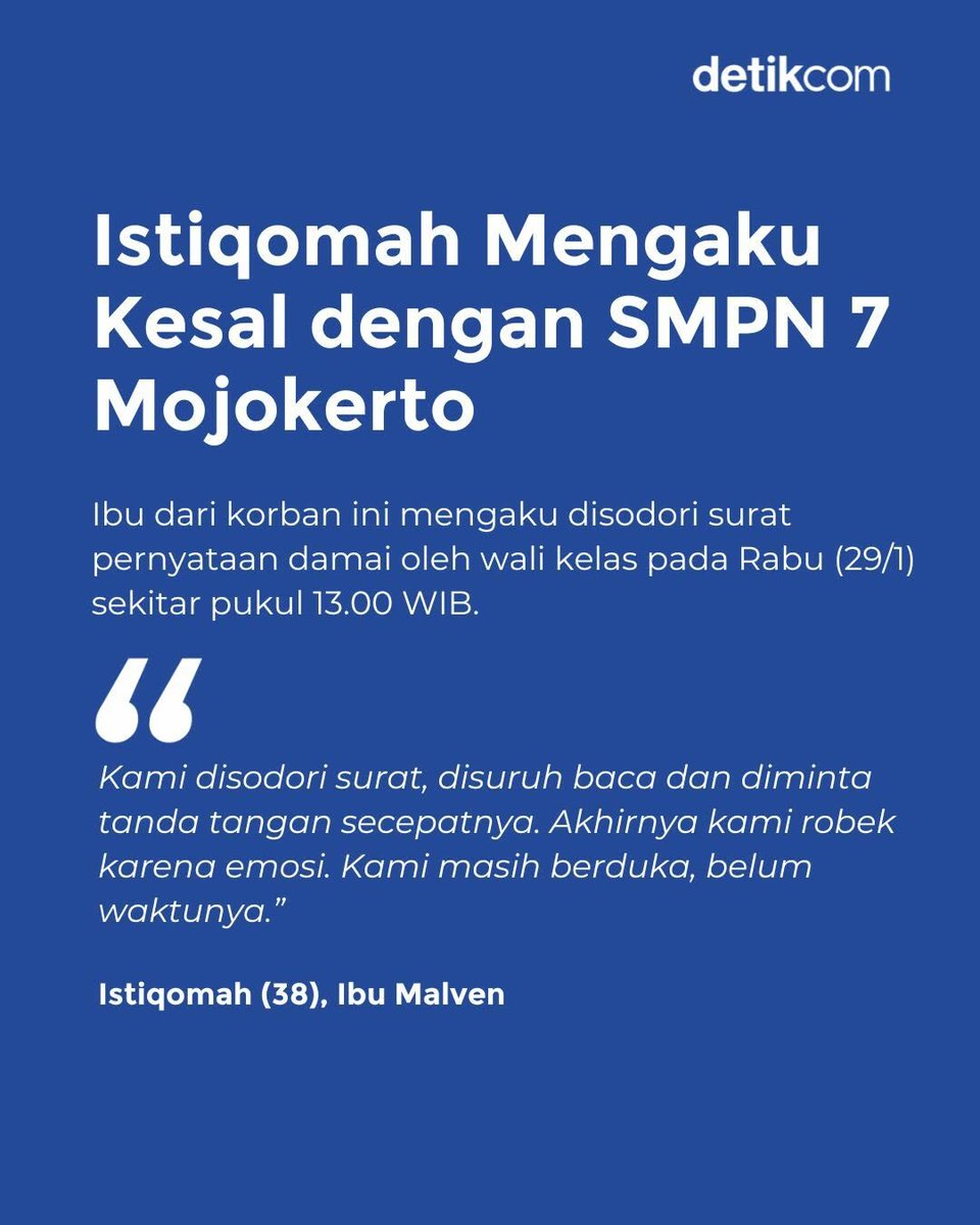 Orang tua Malven Yusuf Adliqo (13), siswa SMPN 7 Kota Mojokerto yang meninggal terseret ombak Pantai Drini menolak berdamai. Mereka merobek surat perdamaian yang disodorkan wali kelas anaknya. Bahkan ayah korban mengatakan akan membawa kasus ini ke jalur hukum.⁣
⁣
Pj Wali Kota