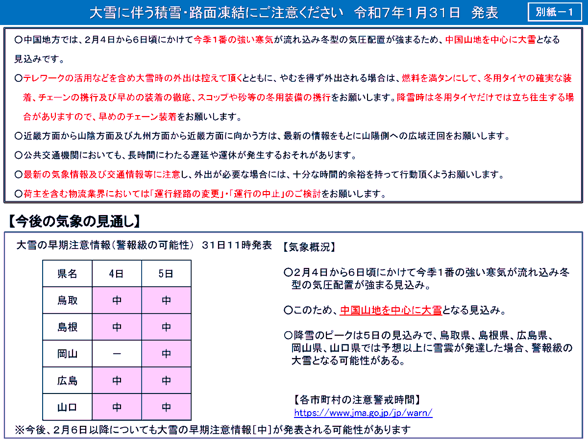 mlit_chugoku's tweet photo. 2月4日から6日にかけて今季1番の寒気が流れ込み、中国山地を中心に大雪が予想されています☃
最新の気象情報に注意し、不要不急の外出はお控えください。
#ノーマルタイヤ で走行する事は大変危険です!!
#大雪 #立ち往生 #スタック #通行止め #雪 #道路情報 #冬用タイヤ 
https://t.co/Q0tx98p7L0 https://t.co/COJHVkgrlg
