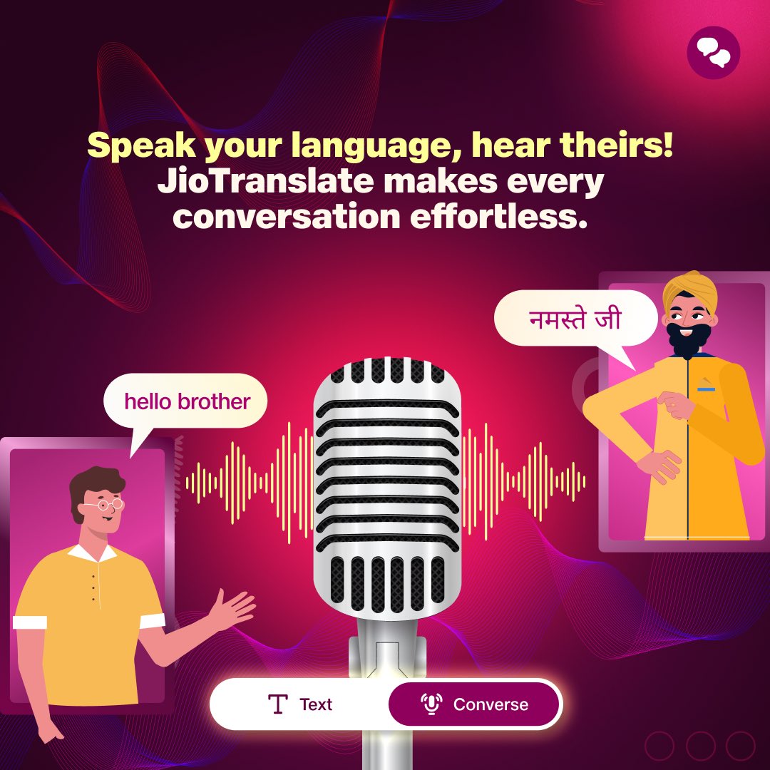 JioTranslate's tweet image. Let your voice be heard—anytime, anywhere!
 
With JioTranslate’s Voice Translation, conversations break language barriers in real time. 
Explore now: translate.jio/dl.html 
 
#Jio #VoiceTranslation #SpeakAnyLanguage #ConnectGlobally #Translate