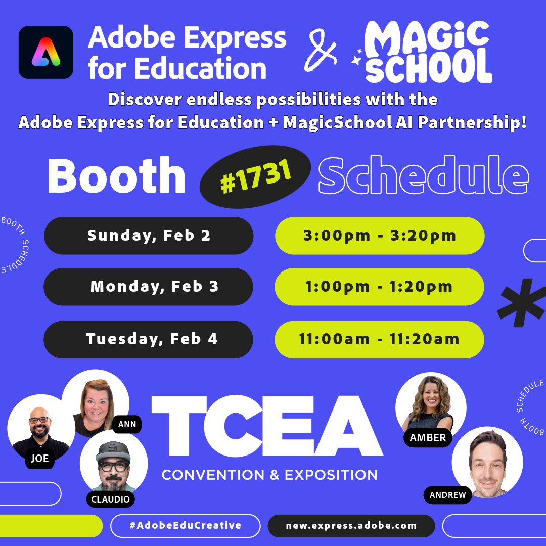 Discover endless possibilities with the <a href="/AdobeExpress/">Adobe Express</a> and <a href="/magicschoolai/">MagicSchool AI 💜 🪄✨</a> partnership! Learn more during <a href="/TCEA/">TCEA</a> at BOOTH 1️⃣7️⃣3️⃣1️⃣ ❤️💜 We're teaming up for 3 magical sessions! Come check it out! ✨

🪄 Sunday, Feb 2 @ 3:00pm
🪄 Monday, Feb 3 @ 1:00pm
🪄 Tuesday, Feb 4 @ 11:00am