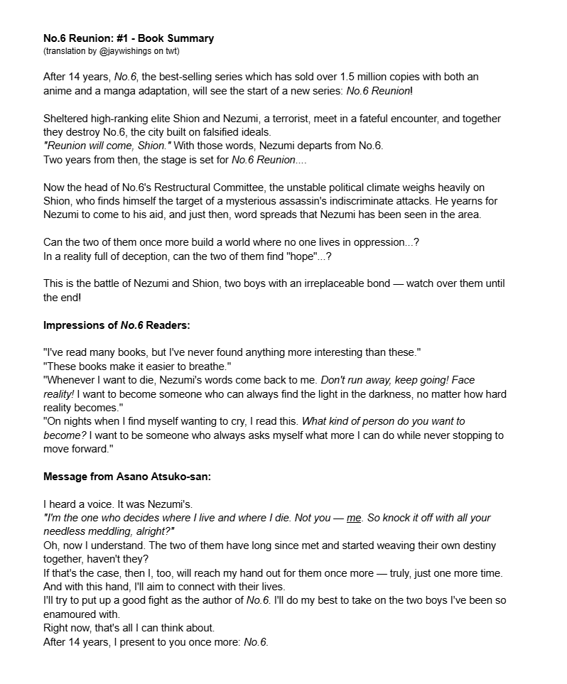 jaywishings's tweet photo. did a translation for the summary of No.6 Reunion #1!!! i feel like i'm dreaming still 😭 #NO6 https://t.co/VuvsmiZD0n