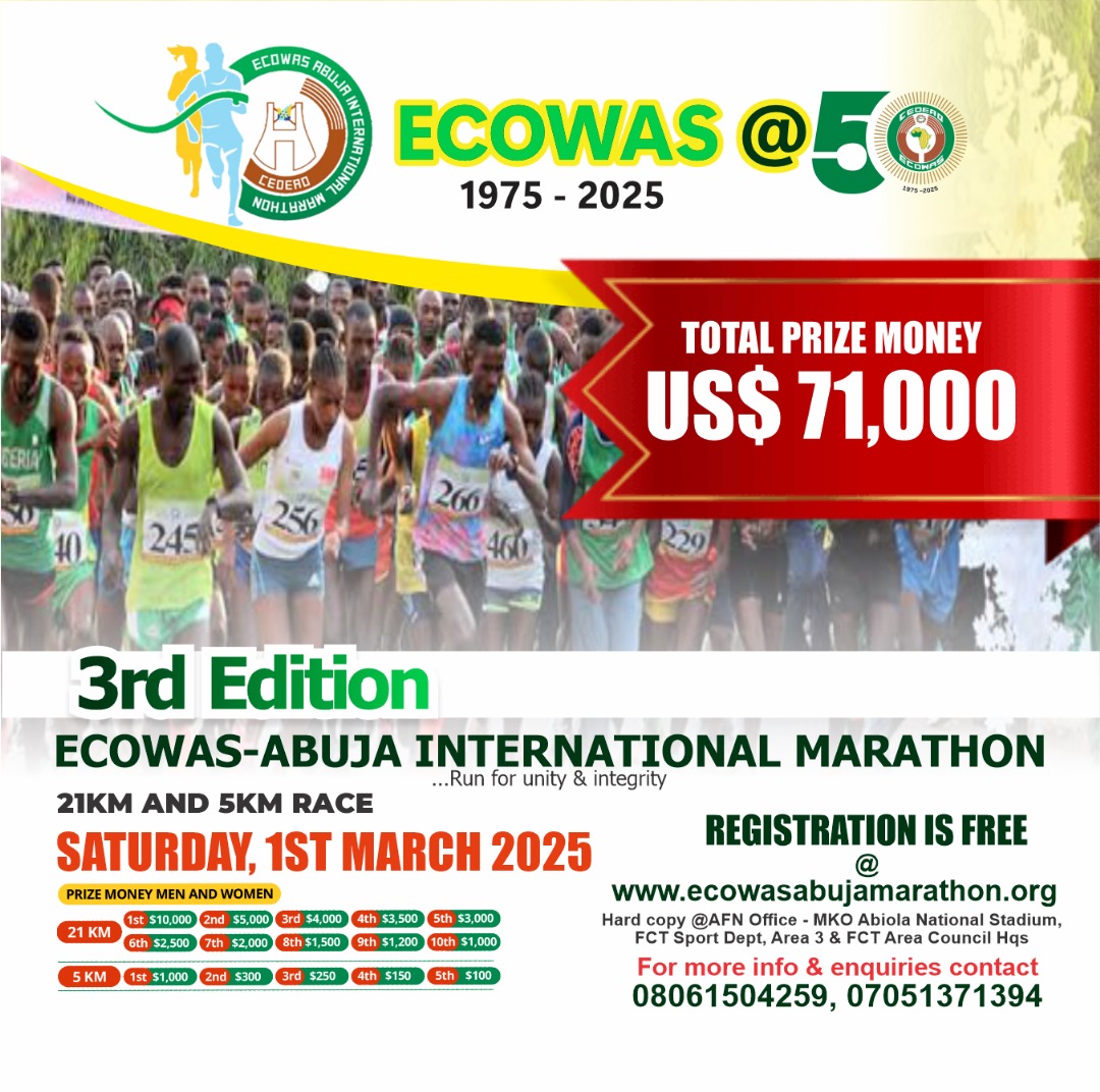dsamomodu's tweet photo. For wellness, fitness and cash rewards register to participate in ECOWAS ABUJA INTERNATIONAL MARATHON. The 3rd and special edition.
As @ecowas_cedeao celebrates 50 years anniversary. https://t.co/2lS0h3XIMg
