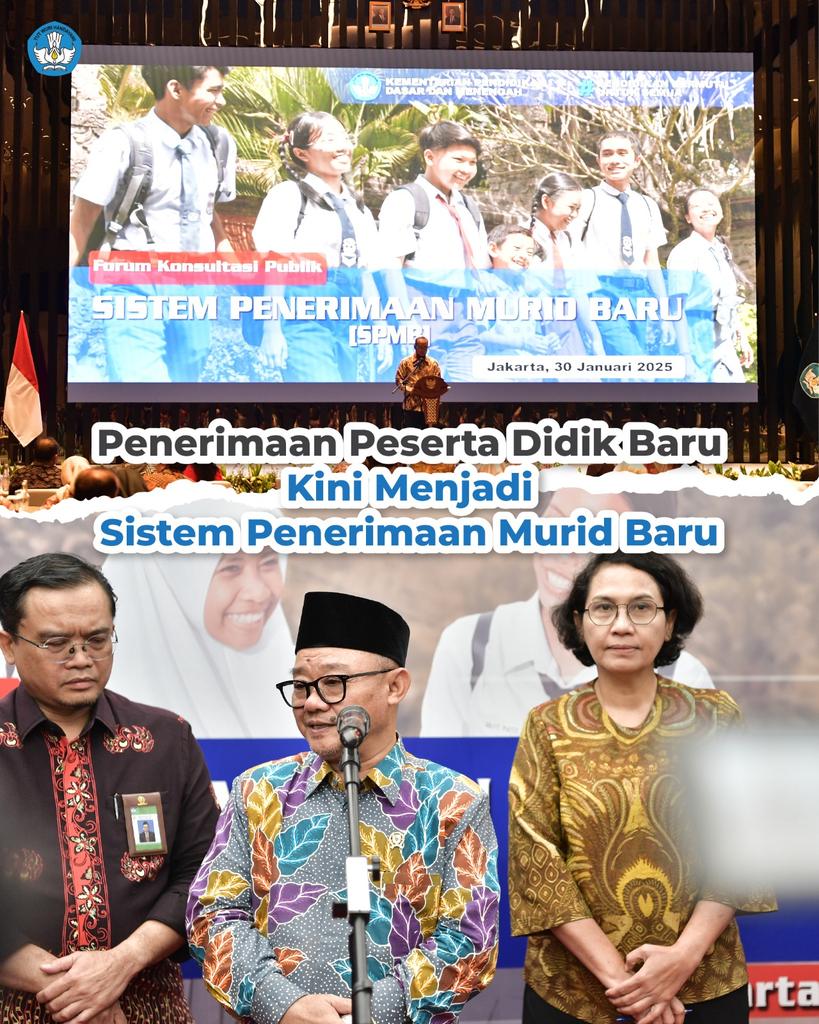 Kemdikdasmen's tweet photo. #SobatBelajar, Mendikdasmen Abdul Mu'ti memperkenalkan Sistem Penerimaan Murid Baru (SPMB) sebagai ganti sistem Penerimaan Peserta Didik Baru (PPDB).

#PendidikanBermutuuntukSemua 
#KemendikdasmenRAMAH https://t.co/v0K4nVkJ4j