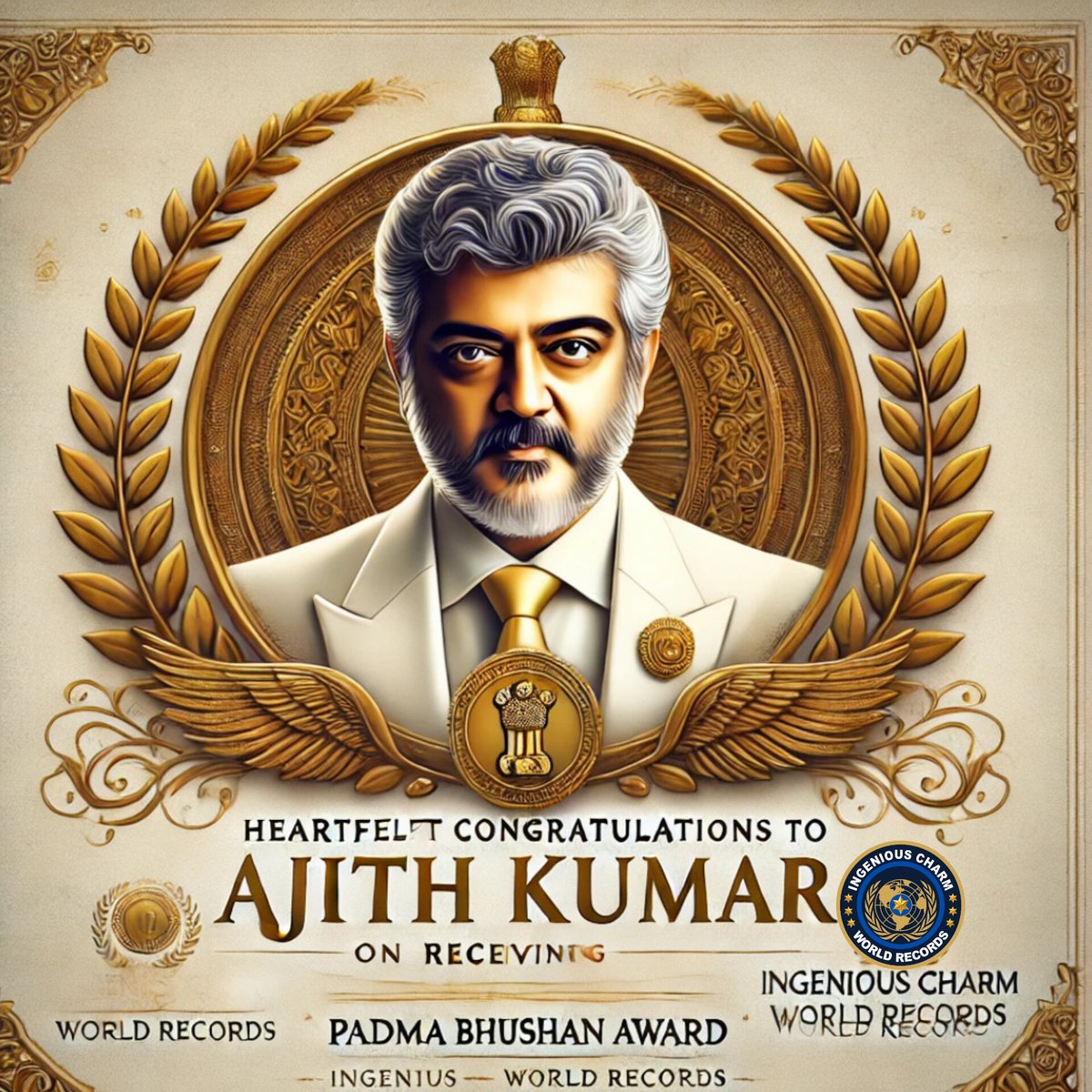 IngeniousCWR's tweet photo. Tweet Content:

 Congratulations to #AjithKumar
Honored with the #PadmaBhushan Award, a true testament to his dedication and excellence! 🏆✨ We are proud to recognize him as a World Record Holder with #IngeniousCharmWorldRecords
Your journey continues to inspire millions! https://t.co/VDdl5XN2Nq