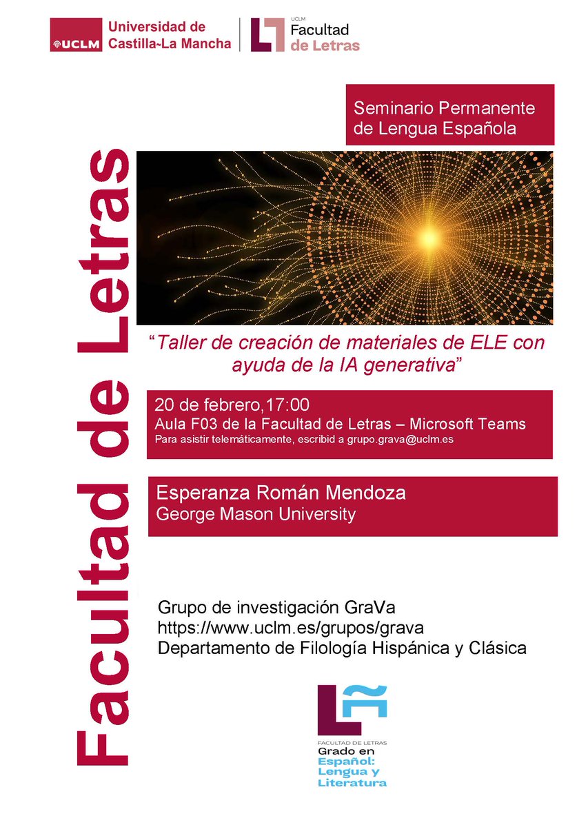 Dentro de veinte días  Esperanza Román
<a href="/eRomanMe/">Esperanza Román</a> impartirá en <a href="/DeLetras_UCLM/">Facultad Letras UCLM</a> el "Taller de creación de materiales de ELE con ayuda de la IA generativa". Para conexión por Teams, escribid a grupo.grava@uclm.es <a href="/HispanicasUCLM/">Hispánicas UCLM</a> <a href="/AEEUCLM/">Asociación de Estudiantes de Español de la UCLM</a>