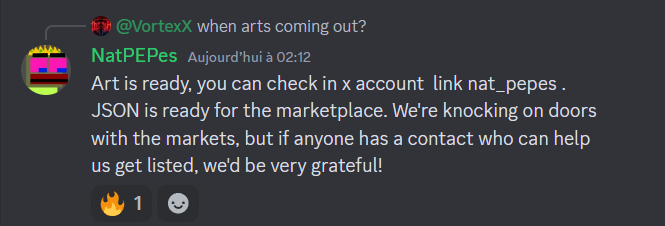 Jim_buildr's tweet photo. I'm super happy to see that new DMT collections are poping on Doge 🥰

@Nat_Pepes are minted out!

287 holders, 137k supply.

I really think these new type of NFTs will get some traction.

I mean, art created by the blockchain itself, it's sooo cool 😍

Thanks @tap_protocol and @muchdegen 👏