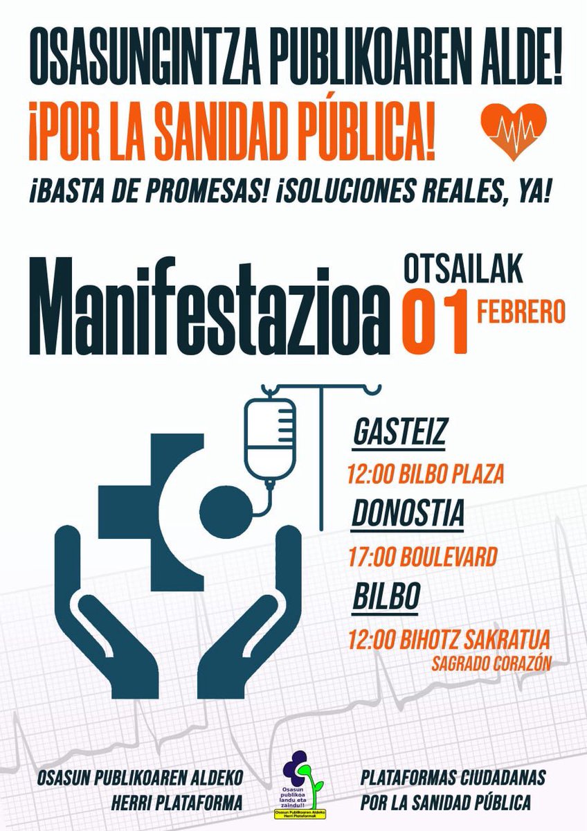DOPA_Donostia's tweet photo. 📣 𝗠𝗔𝗡𝗜𝗙𝗔 𝗯𝗶𝗵𝗮𝗿, 𝗼𝘁𝘀𝗮𝗶𝗹𝗮𝗸 𝟭 / 𝗠𝗮ñ𝗮𝗻𝗮, 𝟭 𝗱𝗲 𝗳𝗲𝗯𝗿𝗲𝗿𝗼 📣

OSASUN SISTEMA PUBLIKOAREN ALDE. PROMESA GEHIAGORIK EZ‼️
En defensa del sistema público de salud. No más promesas‼️

🕛 17:00etan
📌 Boulevard-etik
#SCPDI #ZSPDI

https://t.co/DB81fOuTal https://t.co/I6WgfSkUXe