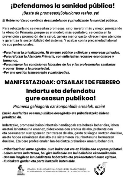 DOPA_Donostia's tweet photo. 📣 𝗠𝗔𝗡𝗜𝗙𝗔 𝗯𝗶𝗵𝗮𝗿, 𝗼𝘁𝘀𝗮𝗶𝗹𝗮𝗸 𝟭 / 𝗠𝗮ñ𝗮𝗻𝗮, 𝟭 𝗱𝗲 𝗳𝗲𝗯𝗿𝗲𝗿𝗼 📣

OSASUN SISTEMA PUBLIKOAREN ALDE. PROMESA GEHIAGORIK EZ‼️
En defensa del sistema público de salud. No más promesas‼️

🕛 17:00etan
📌 Boulevard-etik
#SCPDI #ZSPDI

https://t.co/DB81fOuTal https://t.co/I6WgfSkUXe