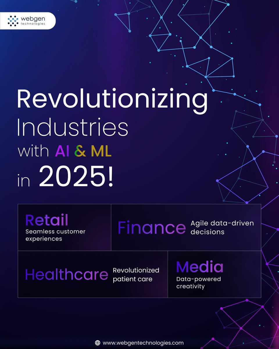 Webgentweet's tweet image. AI &amp;amp; ML are shaping the future of many industries in 2025.

Are you ready for the AI revolution? 🔥

#WebgenTechnologies #AIandML #MachineLearning #ArtificialIntelligence #TechTrends2025 #FutureOfBusiness #AIForBusiness
