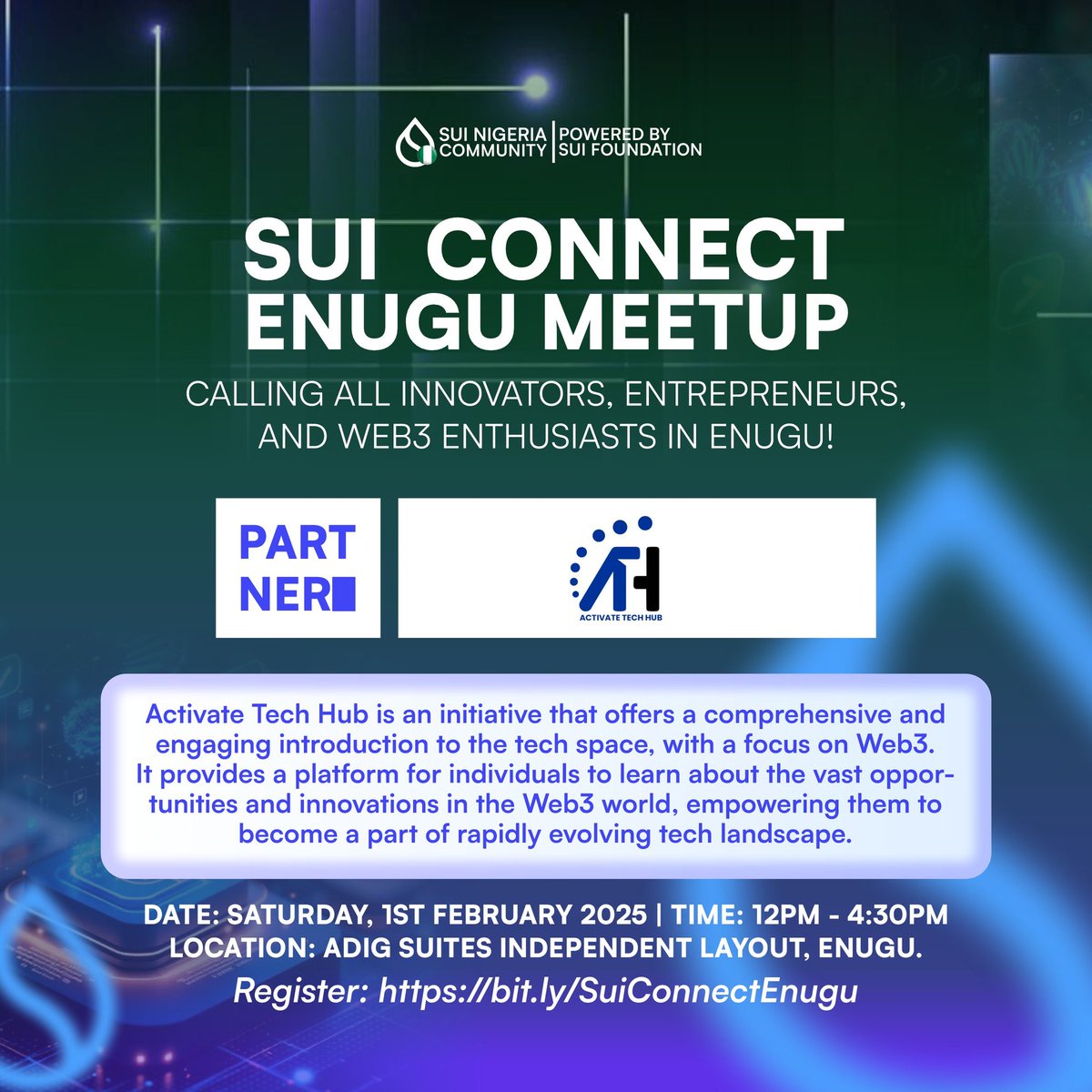 Activ8Th's tweet photo. Activate Tech Hub is certainly kicking off the year in grand style!🥂

From partnering with Sui Nigeria in the upcoming Sui Connect Enugu Meetup to even greater horizons. 

Join us as we Activate with Sui Nigeria!🇳🇬💪🏼 https://t.co/9d3K6wtyBQ