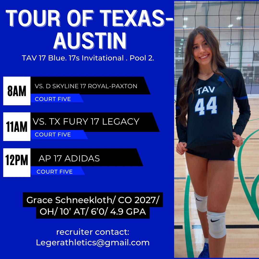 Grace Schneekloth (@g_schneekloth) on Twitter photo Austin here we come!! Check out our day 1 schedule for Tour of Texas stop 2🙌
Court 5, Pool 2, Invitational Division
Playing times: 8am, 11am, 12pm
#northtexasvolleyball #NTR #touroftexas #classof2027 #outsidehitter <a href="/legerandmoon/">Léger & Moon Volleyball</a> <a href="/TAVVolleyball/">TX Advantage VB</a> <a href="/TourofTexasVB/">Tour Of Texas VB</a> <a href="/PDTexas/">Prep Dig Texas</a> Austin here we come!! Check out our day 1 schedule for Tour of Texas stop 2🙌
Court 5, Pool 2, Invitational Division
Playing times: 8am, 11am, 12pm
#northtexasvolleyball #NTR #touroftexas #classof2027 #outsidehitter <a href="/legerandmoon/">Léger & Moon Volleyball</a> <a href="/TAVVolleyball/">TX Advantage VB</a> <a href="/TourofTexasVB/">Tour Of Texas VB</a> <a href="/PDTexas/">Prep Dig Texas</a>