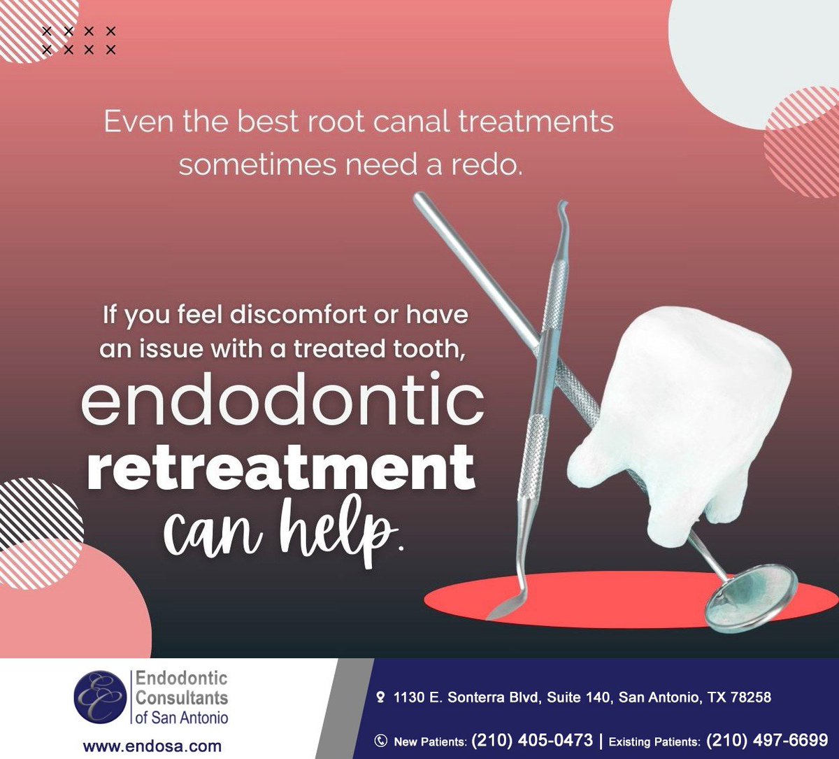 Sometimes, a tooth with a root canal needs more attention. Endodontic retreatment addresses hidden canals and new infections of a previously treated tooth. Visit Endodontic Consultants of San Antonio to learn more. #endodonticretreatment #endodonticconsultantsofsanantonio