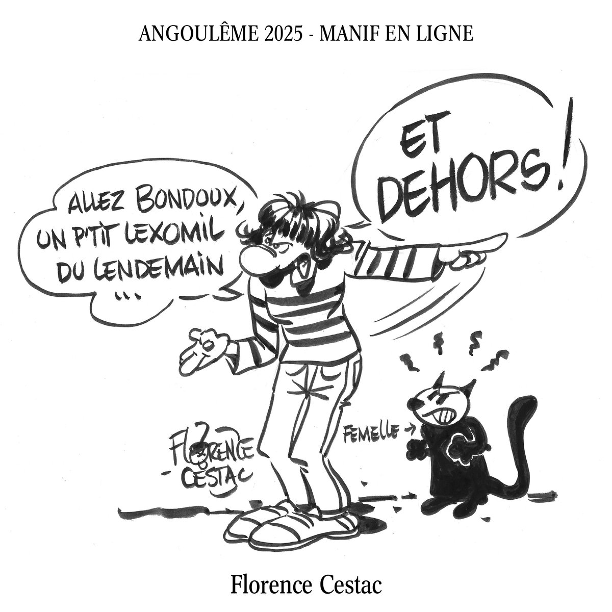 Manif en ligne. Rejoignez le mouvement !
—
Dessin : Florence Cestac
—
Plus d'info ici : tinyurl.com/48fbwbu3
—
Kit de manif en ligne : tinyurl.com/e4pzj7ua
—
#BondouxGate #FIBD