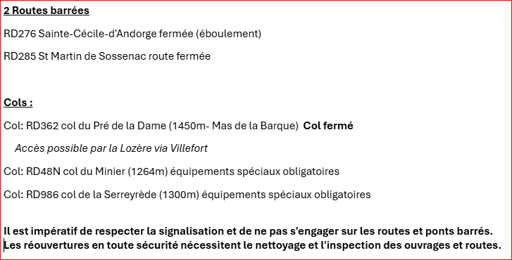 #Gard #Inondations #PluieInondation #Pluie #Cevennes #Ponts
31/01 7h30
13 #PontsSubmersibles fermés, dont:
 -RD906 pont de #Chamborigaud  jusque 09h
 -RD22 pont de Dions fermé(nettoyage)
-2 routes fermées
-Mas de la Barque #Neige FERME (suivre Villefort)  inforoute.gard.fr