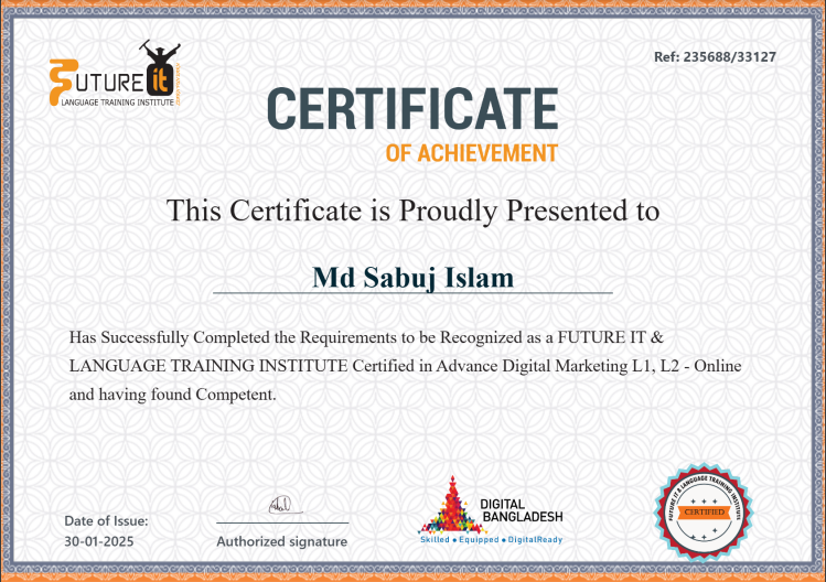 mdsabujisl60043's tweet photo. Alhamdulliah
Thanks you Future It🥰
#futureit #dinajpur #freelancing #mohammadsabujislamdigitalmarker #skill #Leadgeneration #emailmarketing #twittermarketing https://t.co/W6DpMYIlys