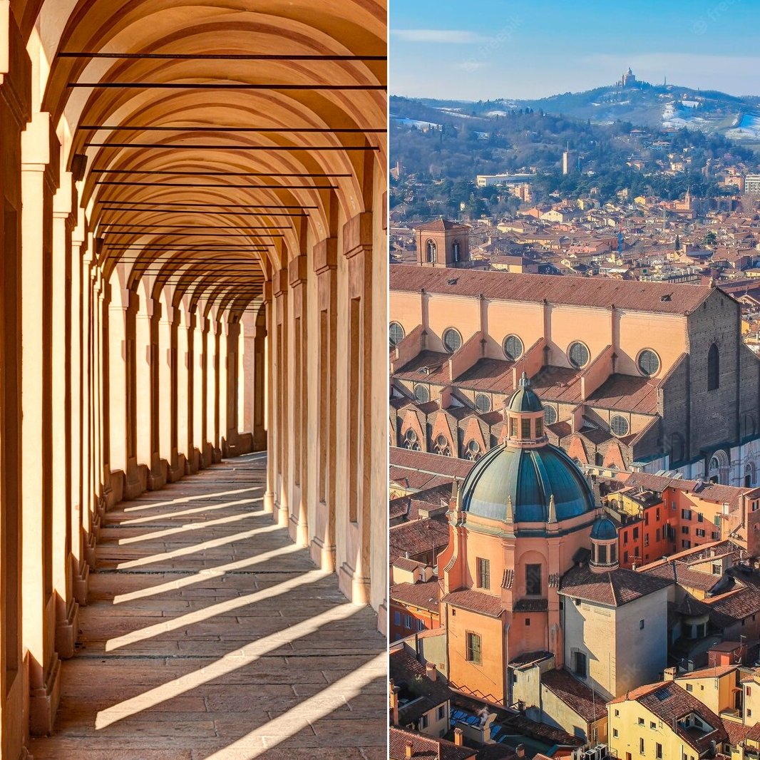 La ville de Bologne, en Italie, est réputée pour ses portiques, des galeries couvertes qui relient le paysage urbain sur plus de 38 kilomètres.

À l'origine de ces constructions : l'afflux d'étudiants après l'édification de la toute première université d'Europe. 1/3 ⤵️