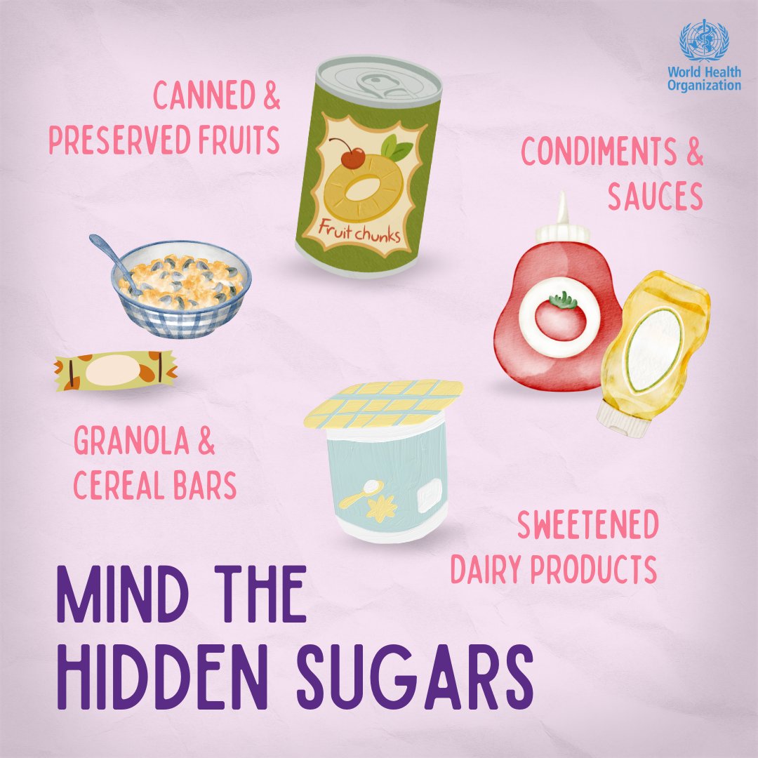 WHO's tweet photo. #DYK❓ Many foods can contain ‘hidden’ sugars that can increase your risk of high blood pressure, heart disease, diabetes, and even gout.

Stay mindful of ‘hidden’ #sugars in foods and opt for healthier choices. https://t.co/eCv95By6OB
