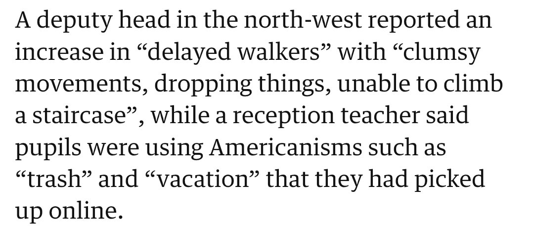 Severe and worrying physical (lack of core strength) and cognitive (use of American English) decline reported among British children.
