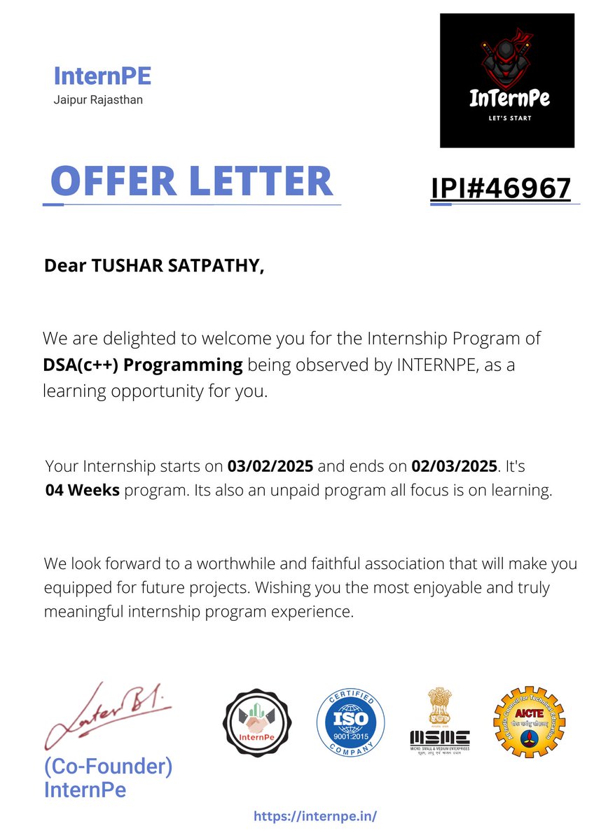 satpathy_01's tweet photo. ✨ Exciting News! ✨

I’m thrilled to announce that I’ve been selected for the DSA (C++) Programming Internship at InternPE! 🚀

#Internship #DSA #C++ #Programming #Learning #Growth #InternPE https://t.co/wUtPunPfZl