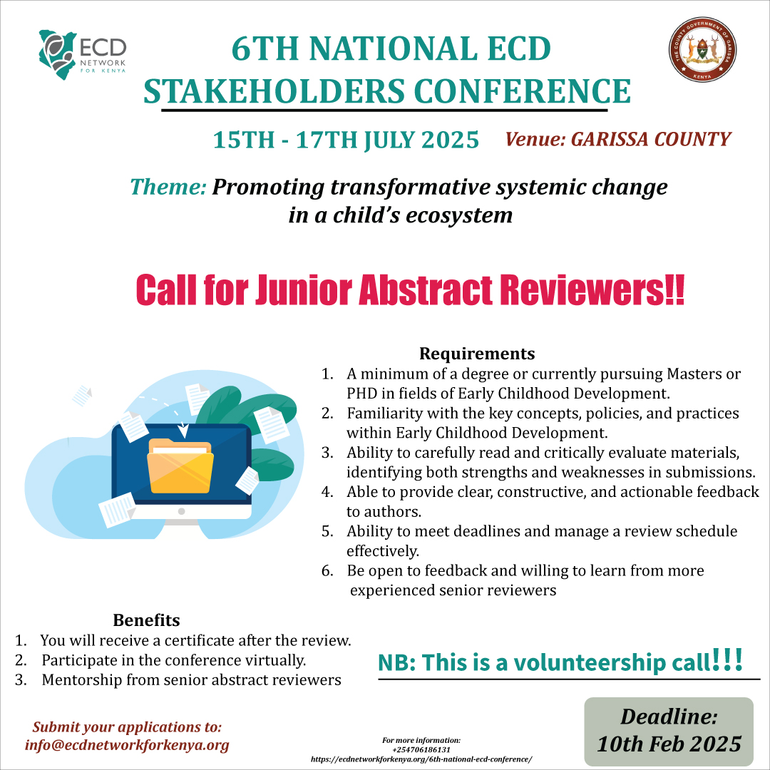 ecdnetwork_ke's tweet photo. Are you passionate about research and eager to contribute to the academic community? Join us as a Junior Abstract Reviewer for the 6th National ECD Stakeholders Conference!
Don’t miss this chance! Share you application to info@ecdnetworkforkenya.org
#CallForReviewers #6thConf https://t.co/8RSo2fCBxm
