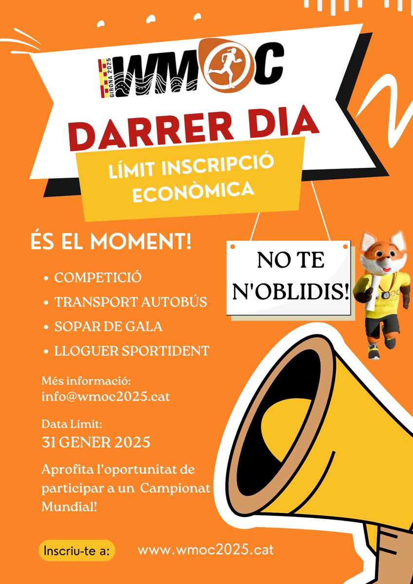 Avui 31 de Gener, darrer dia d'inscripcions a preu reduït!!! Teniu la informació i les inscripcions a wmoc2025.cat  Ja hi ha més de 1400 corredors de 40 països diferents. T'ho perdràs?