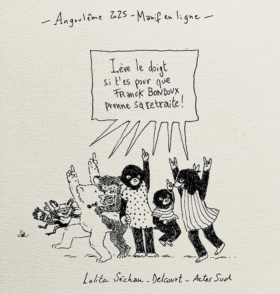 Manif en ligne.  Rejoignez le mouvement !
—
Dessin : Lola Séchan
—
Plus d'info ici : tinyurl.com/48fbwbu3
—
Kit de manif en ligne : tinyurl.com/e4pzj7ua
—
#BondouxGate #FIBD