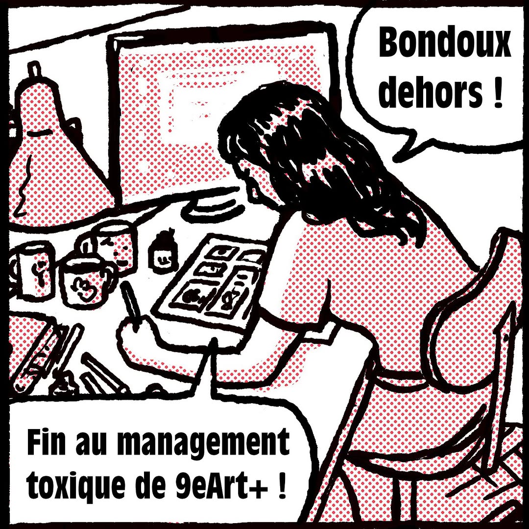Manif en ligne.  Rejoignez le mouvement !
—
Dessin : Iris Pouy
—
Plus d'info ici : tinyurl.com/48fbwbu3
—
Kit de manif en ligne : tinyurl.com/e4pzj7ua
—
#BondouxGate #FIBD