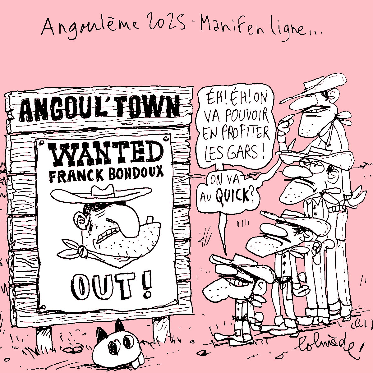 Manif en ligne.  Rejoignez le mouvement !
—
Dessin : Lolmède
—
Plus d'info ici : tinyurl.com/48fbwbu3
—
Kit de manif en ligne : tinyurl.com/e4pzj7ua
—
#BondouxGate #FIBD