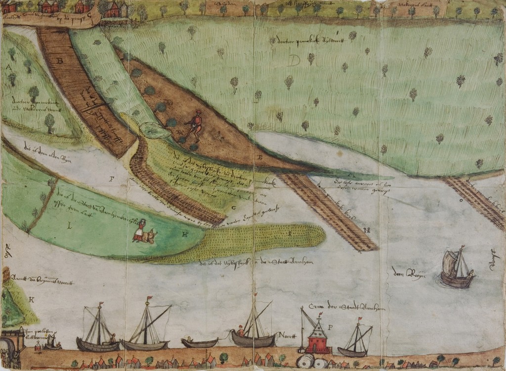 Een prachtige kleurrijke tekening van de Rijn bij het veer in Arnhem uit ca. 1576. Op de tekening zien we de haven van de stad Arnhem, de in de Rijn aangelegde kribben en de omliggende weilanden.

(Bron: 2000-2422)