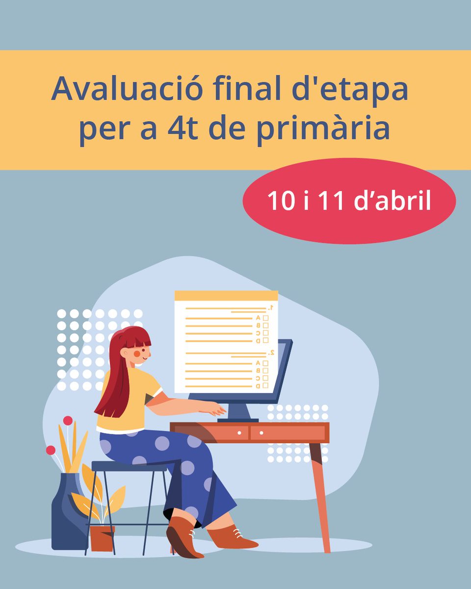 XTEC (@xtec) on Twitter photo L'Avaluació Final d'Etapa per a 4t d'ESO es realitzarà els dies 10 i 11 d'abril. Consulteu les actuacions dels centres i el calendari per a més informació.
📅 10 i 11 d'abril
🔗 espai.educacio.gencat.cat/Alumnes/Avalua…
#AlsCentres L'Avaluació Final d'Etapa per a 4t d'ESO es realitzarà els dies 10 i 11 d'abril. Consulteu les actuacions dels centres i el calendari per a més informació.
📅 10 i 11 d'abril
🔗 espai.educacio.gencat.cat/Alumnes/Avalua…
#AlsCentres