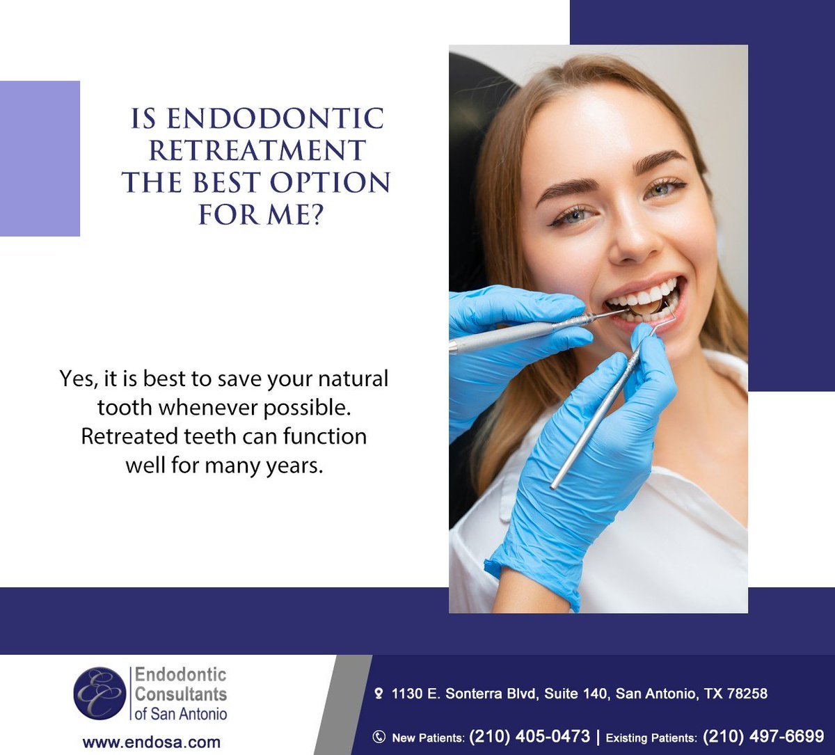 Modern technology has changed the way root canal treatment is performed, and #retreatment is your best option for saving a tooth that has already undergone root canal treatment. Learn more at endosa.com #endodontics #endodonticconsultantsofsanantonio #sanantonio #TX