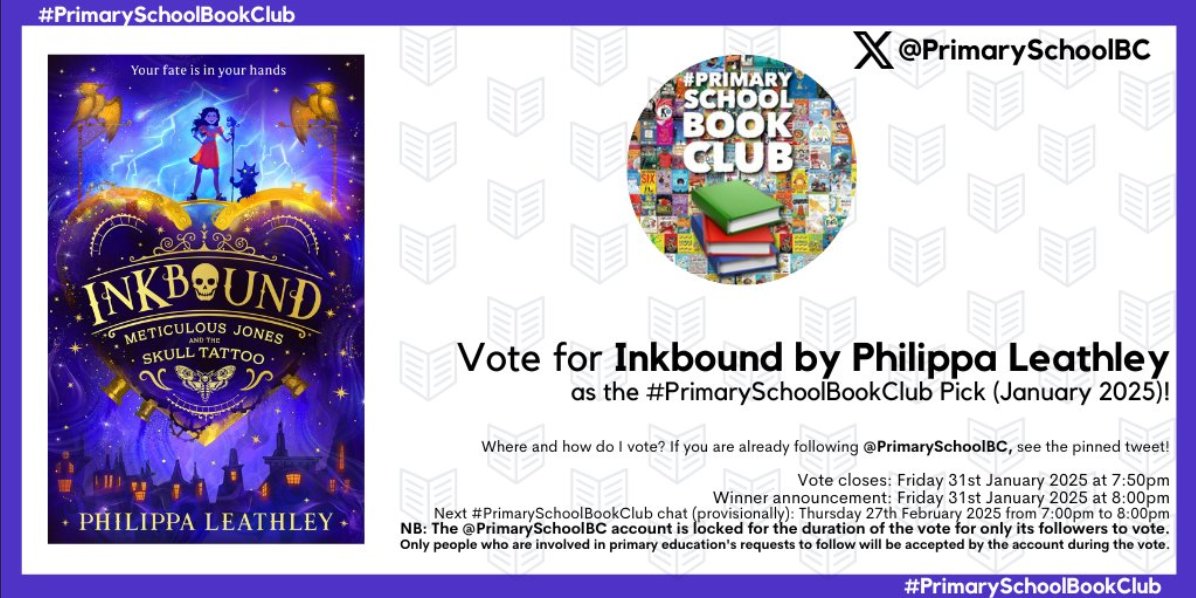 I'm so honoured that Inkbound has been included in the #PrimarySchoolBookClub January 2025 vote.

You can head to <a href="/PrimarySchoolBC/">#PrimarySchoolBookClub</a> and vote for it using the pinned tweet!💜💛