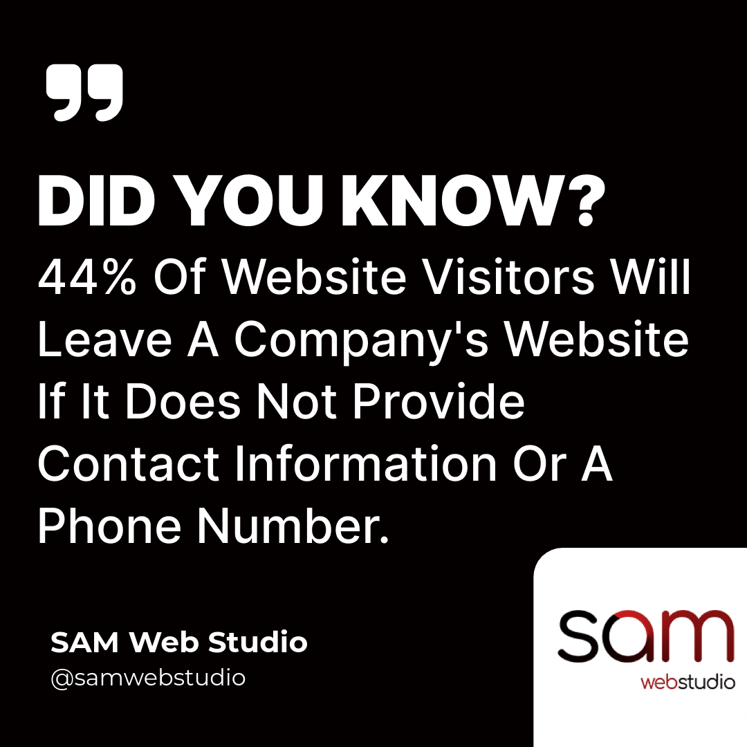 samwebstudio's tweet image. 44% Of Website Visitors Will Leave A Company&apos;s Website If It Does Not Provide Contact Information Or A Phone Number.
☎️Contact us: +91-9968353570
➡️Visit us: samwebstudio.com
.
#facts #didyouknow #webdesignfacts #websitefacts #webdesign #webdesigncompany #webdesignservices
