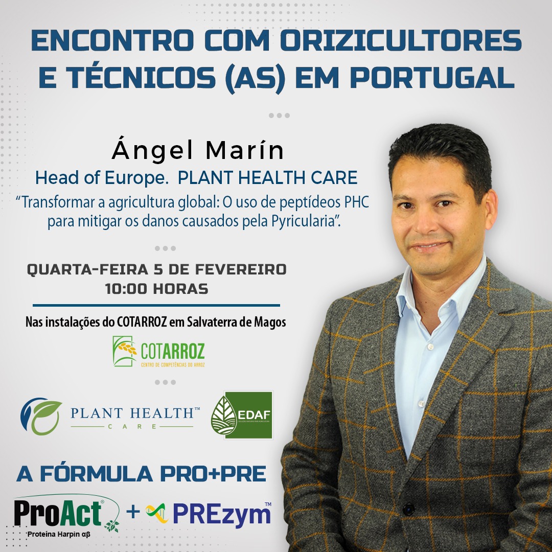 Plant Health Care presentará el próximo 5 de febrero sus soluciones para el cultivo del arroz en Portugal, de la mano de su distribuidor EDAF, LDA.
Confirmar asistencia con <a href="/PaulaSa29233492/">Paula Santos</a>  
#AgriculturaSostenible #CultivosSanos #resistencia #rentabilidad #arroz