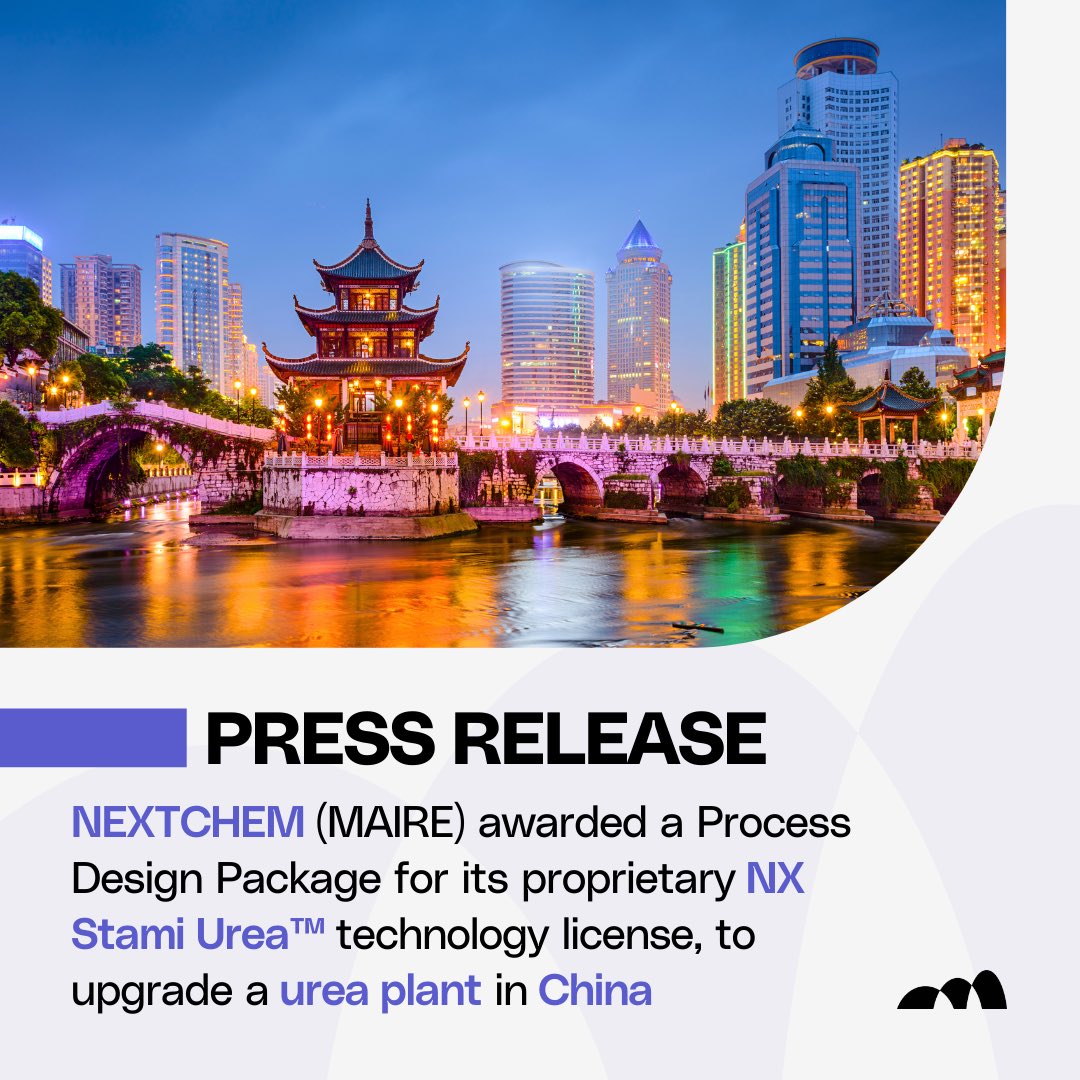 📢 <a href="/NextChem_MT/">NEXTCHEM</a>, through <a href="/Stamicarbon/">Stamicarbon</a> has been selected to provide the Process Design Package to upgrade the Hulunbeier New Gold Chemical Co., Ltd.’surea plant in Hulunbuir (China), leveraging on its proprietary NX STAMI Urea™️ technology. ⏩ groupmaire.com/en/newsroom/pr…