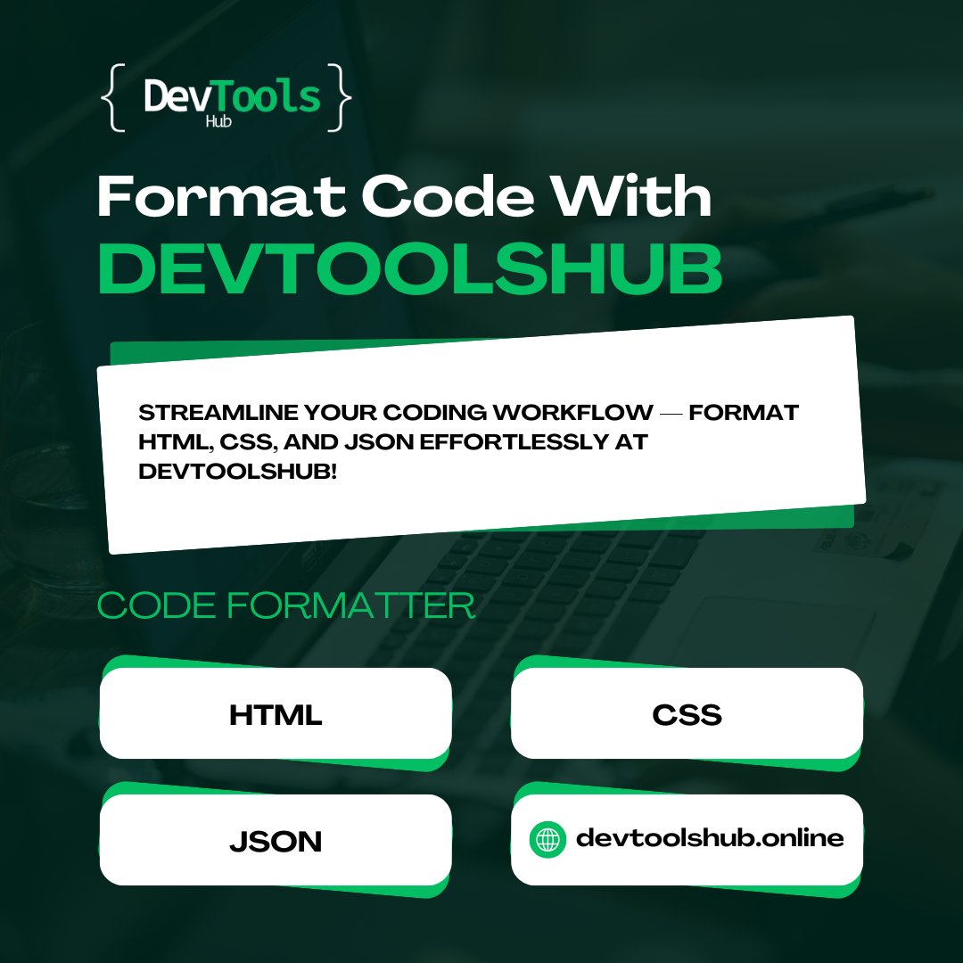 DevtoolsHub1's tweet image. Format your HTML, CSS, and JSON effortlessly with Dev Tools Hub! 🚀✨ Clean, beautify, and optimize your code in seconds. Try it now and code smarter! 💻🔥

Visit: devtoolshub.online📲

#codeformatter #devtoolshub #cleancode