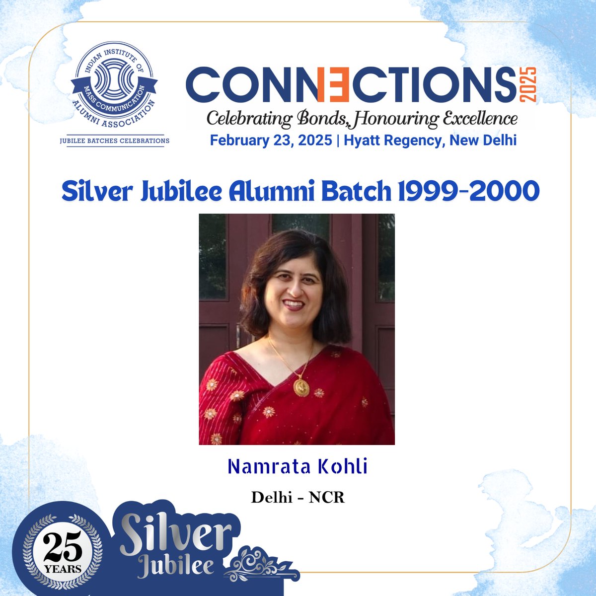 IIMC Silver Jubilee Alumni Batch: Namrata Kohli (EJ, Delhi), a distinguished journalist, author, and podcaster, writes the acclaimed “Spending” column for Business Standard, rated as top-tier premium content. Her Daily Guardian column, "WomanWise" addresses impactful women’s
