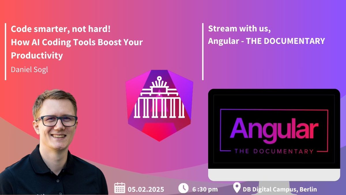 Angular Berlin (@angular_berlin) on Twitter photo 🚀 In the next meetup, we’ll dive into how AI is revolutionizing coding while reflecting on the origins of Angular.
🎙️ Listen to <a href="/sogldaniel/">Daniel Sogl</a> as he shares insights, and 🎬 Stream the brand-new Angular Documentary with us youtube.com/watch?v=nONHcx…!
➡️ meetup.com/angular-meetup… 🚀 In the next meetup, we’ll dive into how AI is revolutionizing coding while reflecting on the origins of Angular.
🎙️ Listen to <a href="/sogldaniel/">Daniel Sogl</a> as he shares insights, and 🎬 Stream the brand-new Angular Documentary with us youtube.com/watch?v=nONHcx…!
➡️ meetup.com/angular-meetup…