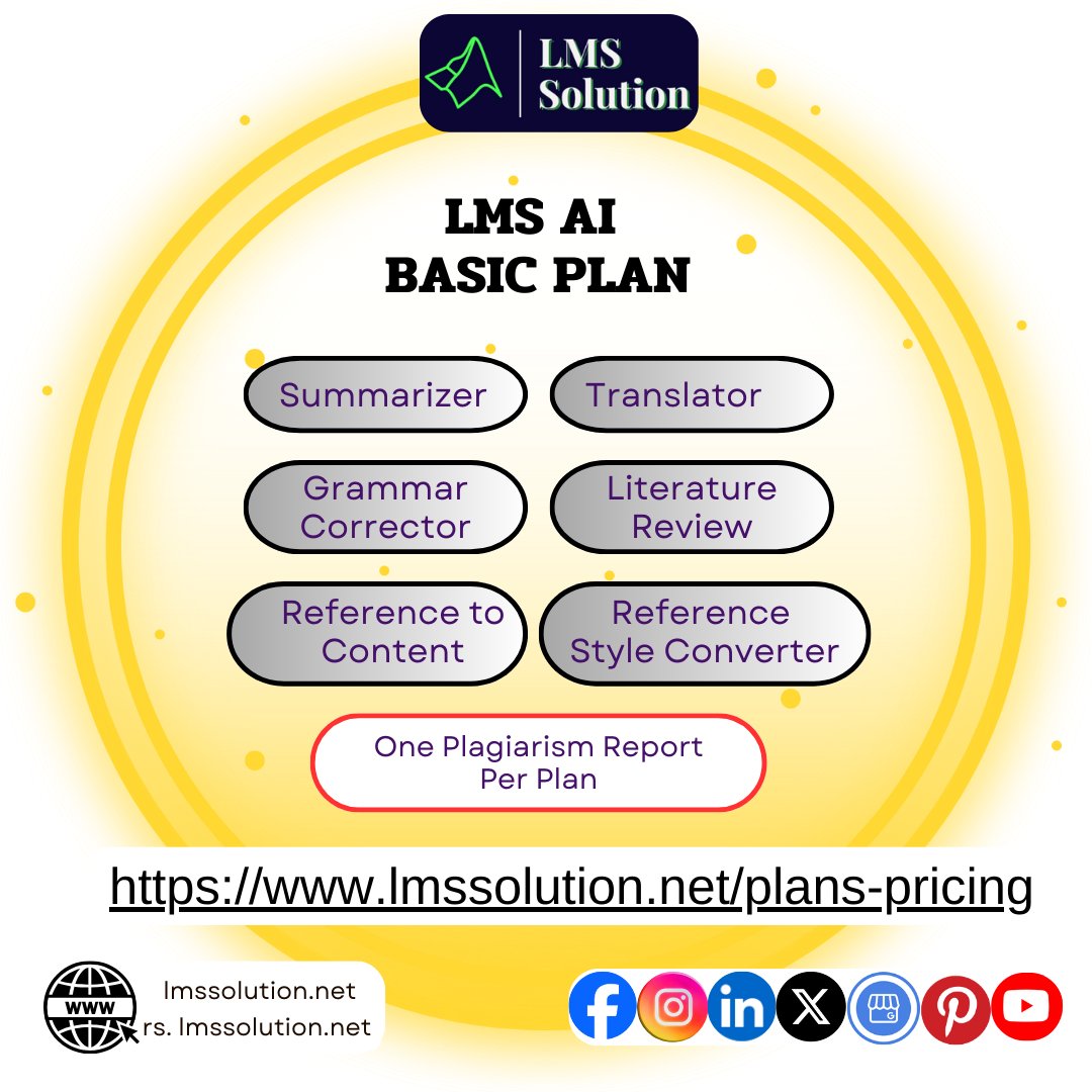 Lms_Solution's tweet image. LMS AI Basic Plan
You can access our LMS AI Basic Tool For 7 days. One Plagiarism Report per plan
lmssolution.net/plans-pricing
#LMSAIBasic #BasicPlan #PlagiarismReport #EdTech #LearningManagementSystem
