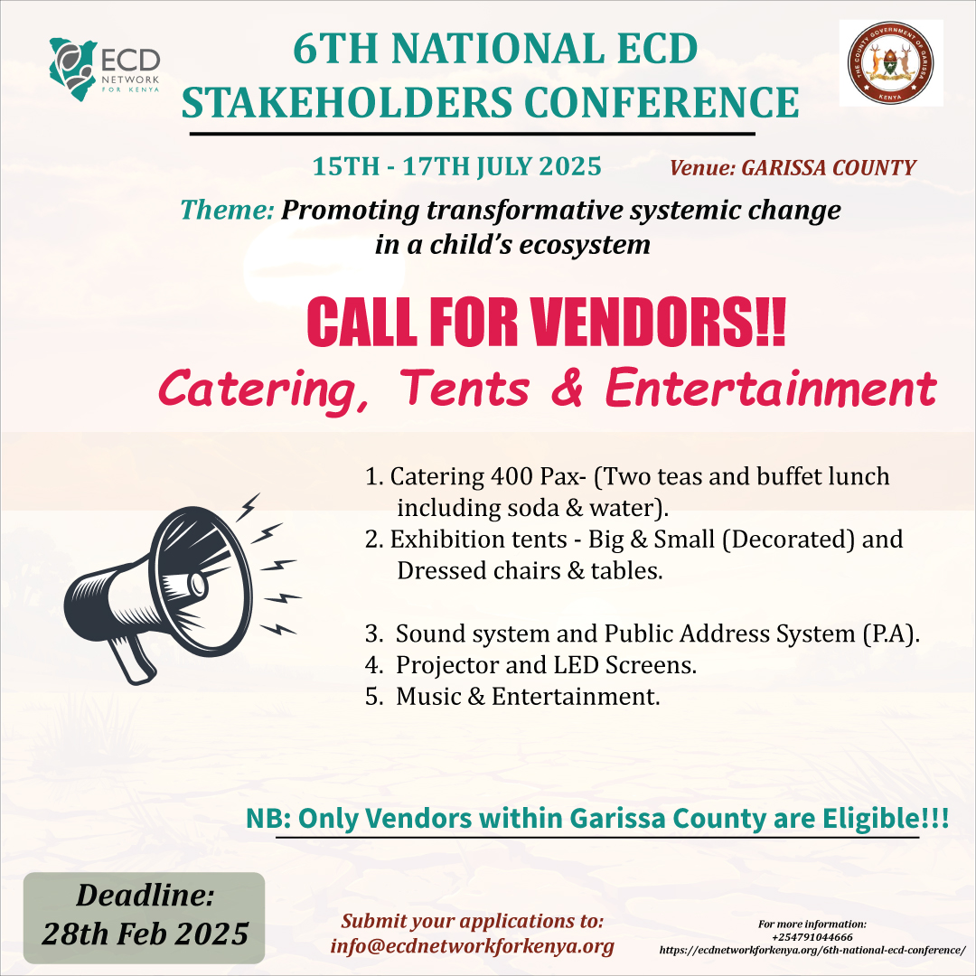 ECD Network for Kenya (@ecdnetwork_ke) on Twitter photo Are you a business owner or service provider based in Garissa County ? Here’s your chance to showcase your services at the 6th National ECD Stakeholders Conference!
Don’t miss this chance! Share you quotation to info@ecdnetworkforkenya.org <a href="/FCDCKenya/">FCDC Kenya</a>
#6thECDConf Are you a business owner or service provider based in Garissa County ? Here’s your chance to showcase your services at the 6th National ECD Stakeholders Conference!
Don’t miss this chance! Share you quotation to info@ecdnetworkforkenya.org <a href="/FCDCKenya/">FCDC Kenya</a>
#6thECDConf
