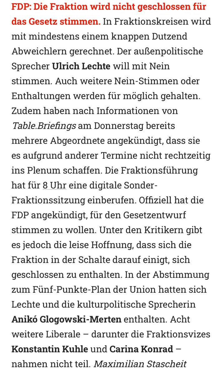 🔴 Angespannte Stimmung gerade in der FDP-Schalte. Tendenz: 15-20 Fraktionsmitglieder werden sich enthalten oder nicht mit abstimmen. <a href="/ulrichlechte/">Ulrich Lechte</a> wird sogar mit Nein stimmen.