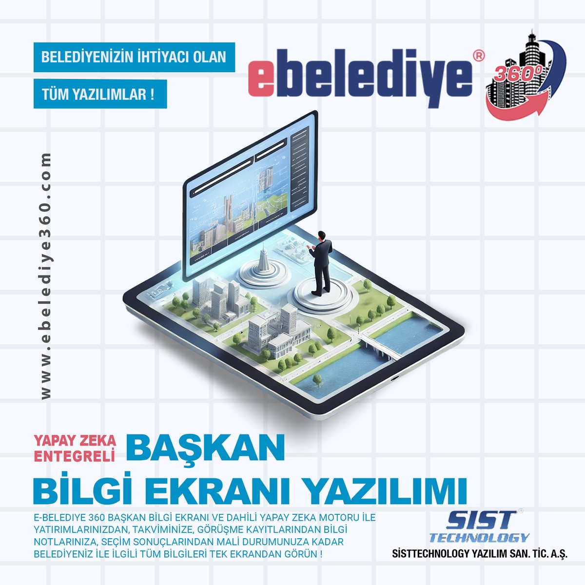 E-Belediye 360 Başkan Bilgi Ekranı ve dahili yapay zeka motoru ile yatırımlarınızdan takviminize, görüşme kayıtlarınızdan bilgi notlarınıza, seçim sonuçlarından mali durumunuza kadar belediyeniz ile ilgili tüm bilgileri tek ekrandan görün ! 

Detaylı Bilgi İçin :