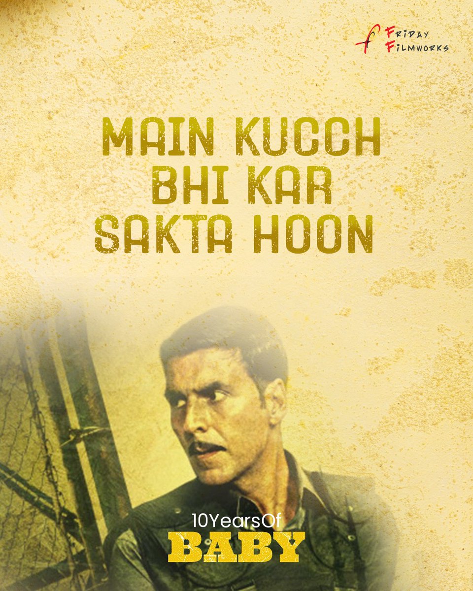 Friday Filmworks (@ffw_official) on Twitter photo Some missions are classified. Some dialogues are unforgettable. 🔥💥 Which Baby dialogue still gives you chills? Drop your favorite in the comments!
#FridayFilmworks #10YearsOfBaby <a href="/akshaykumar/">Akshay Kumar</a> <a href="/anupampkher/">Anupam Kher</a> <a href="/ranadaggubati/">Rana Daggubati</a> <a href="/taapsee/">taapsee pannu</a> <a href="/kaykaymenon02/">KayKay Menon🇮🇳</a> #anniversarypost #bollywood Some missions are classified. Some dialogues are unforgettable. 🔥💥 Which Baby dialogue still gives you chills? Drop your favorite in the comments!
#FridayFilmworks #10YearsOfBaby <a href="/akshaykumar/">Akshay Kumar</a> <a href="/anupampkher/">Anupam Kher</a> <a href="/ranadaggubati/">Rana Daggubati</a> <a href="/taapsee/">taapsee pannu</a> <a href="/kaykaymenon02/">KayKay Menon🇮🇳</a> #anniversarypost #bollywood
