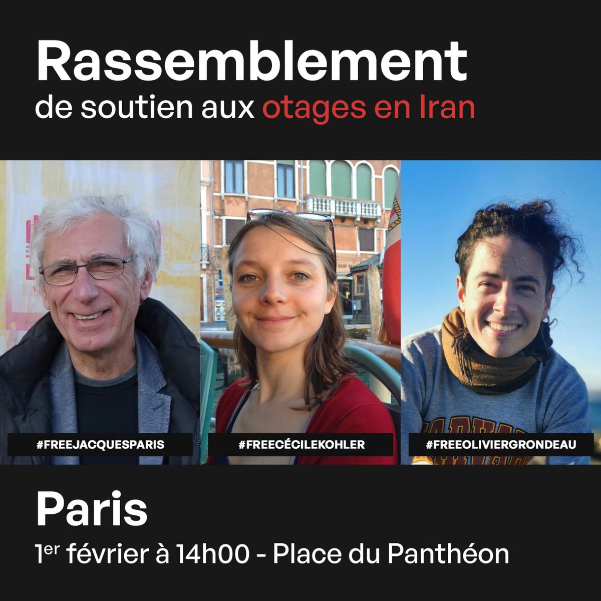 1000 jours de détention pour Cécile et Jacques... Nous comptons les jours qui nous séparent d'eux. 
Rassemblements prévus partout en France aujourd'hui et demain : à Paris, c'est demain devant le Panthéon à 14h : rejoignez-nous !
#LibertePourCecile #FreeThemAll
