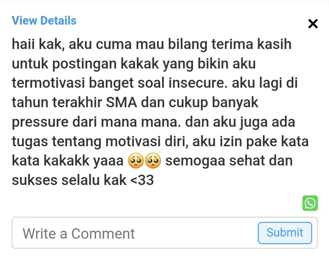sentuhrasa's tweet image. Haii, terima kasih banyak ya untuk ucapannya. Senang banget bisa bantu memberi motivasi buat kamu. Semoga tugasnya lancar dan bisa bermanfaat juga buat diri kamu dan teman-temanmu ya. Keep up the good work!