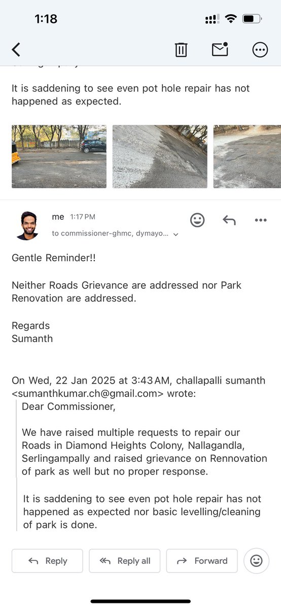 chsumanthkumar's tweet photo. @CommissionrGHMC 

No one is looking into issue of roads pot hole filling or park renovation after multiple requests.

Park Renovation Ticket 2101255080998
Similar one is raised 6 month back also

Please provide an appointment to express problem

@TelanganaCMO  @revanth_anumula https://t.co/AdJ40kOafX