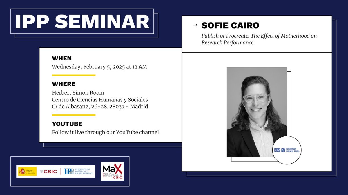 BibliotecaTNT (CSIC) (@bibtntcsic) on Twitter photo Seminario <a href="/IPP_CSIC/">Instituto de Políticas y Bienes Públicos del CSIC</a> con Sofie Cairo <a href="/CBSsaysHELLO/">CBS</a> - Publish or Procreate: The Effect of Motherhood on Research Performance
5 de febrero de 2025. 12:00h
cchs.csic.es/es/event/semin… a través de <a href="/CCHS_CSIC/">Ciencias Humanas y Sociales (CCHS - CSIC)</a> Seminario <a href="/IPP_CSIC/">Instituto de Políticas y Bienes Públicos del CSIC</a> con Sofie Cairo <a href="/CBSsaysHELLO/">CBS</a> - Publish or Procreate: The Effect of Motherhood on Research Performance
5 de febrero de 2025. 12:00h
cchs.csic.es/es/event/semin… a través de <a href="/CCHS_CSIC/">Ciencias Humanas y Sociales (CCHS - CSIC)</a>
