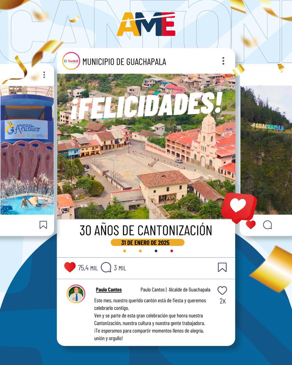 AMEcuador's tweet photo. #AMESaluda | #Guachapala, cantón azuayo con hermosos paisajes ⛰️, cumple su aniversario #30 de cantonización.
Felicitamos al alcalde, Paulo Cantos, a su noble gente y a todas las autoridades en este día especial.
¡Qué viva #Guachapala!🎉 https://t.co/ezBW6CNDW0