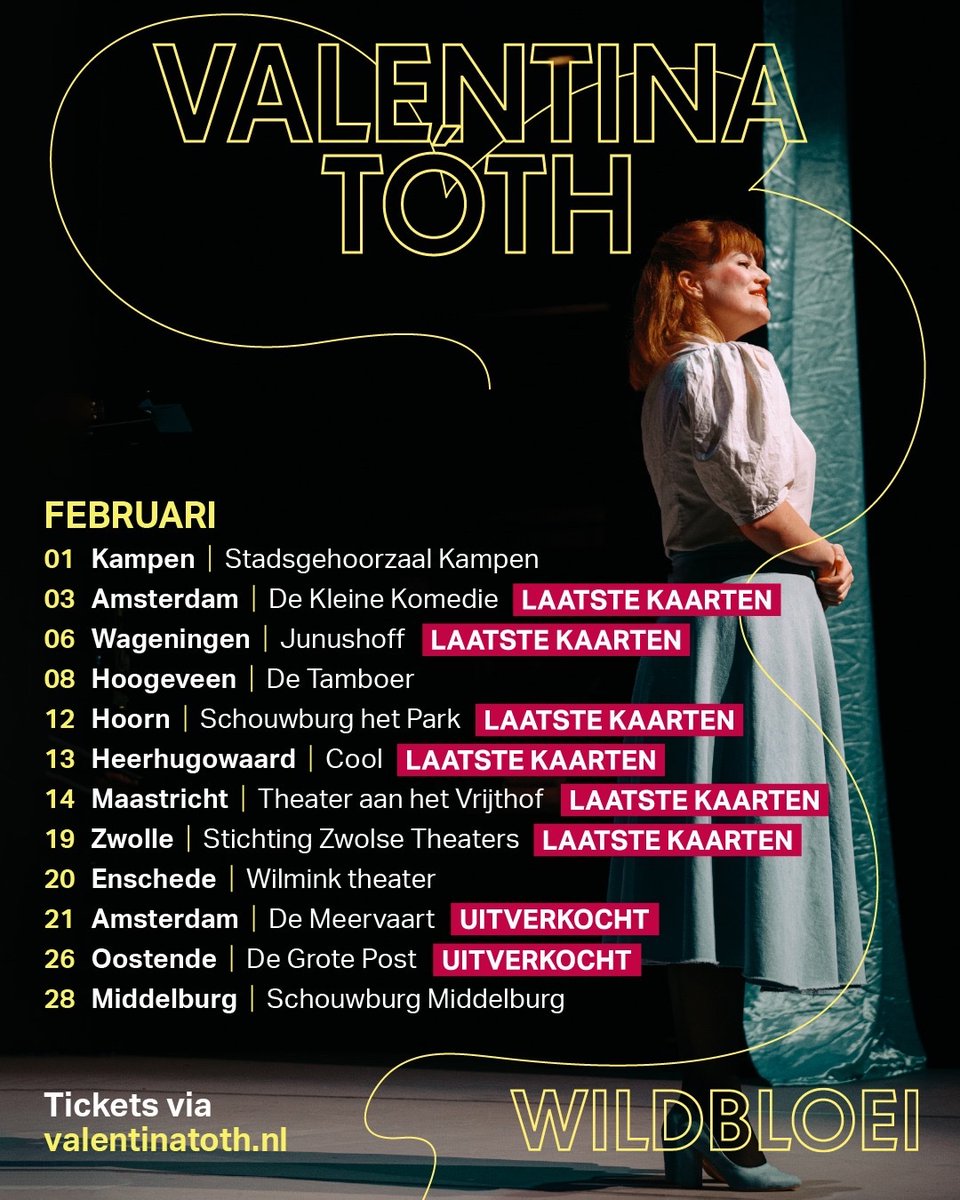 Hierbij de speellijst van Wildbloei in FEBRUARI. 🌸
Het einde van de tour komt in zicht en dat vind ik niet leuk, maar hoe voller de zalen zitten, hoe leuker, dus pak nog snel je kans! 🥰
Wie zie ik waaaaar?