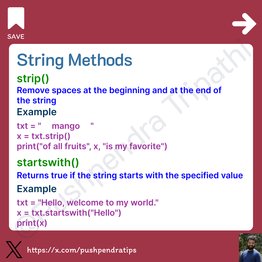 pushpendratips's tweet image. Python String Methods🚀
--------------------------------------------
#PythonUpperLowerCase #PythonStringManipulation #PythonProgramming #LearnPython #coder #coding #PythonTips